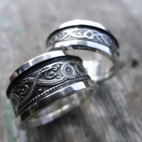 Close up of silver oxidised Irish wedding rings. Irish Jewellery